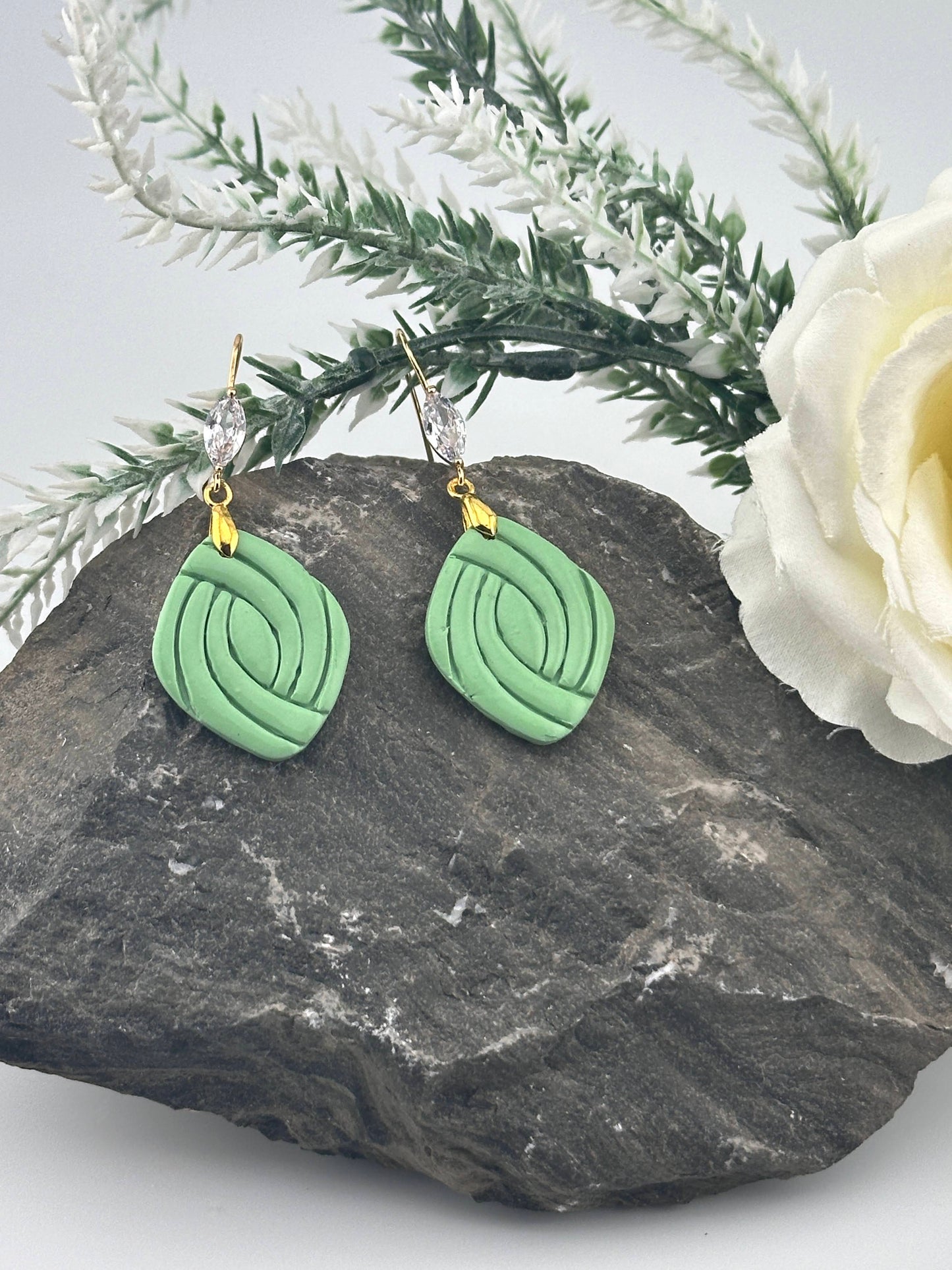 Sage Green, Gold & Cubic Zirconia, Glam Polymer Clay Earrings