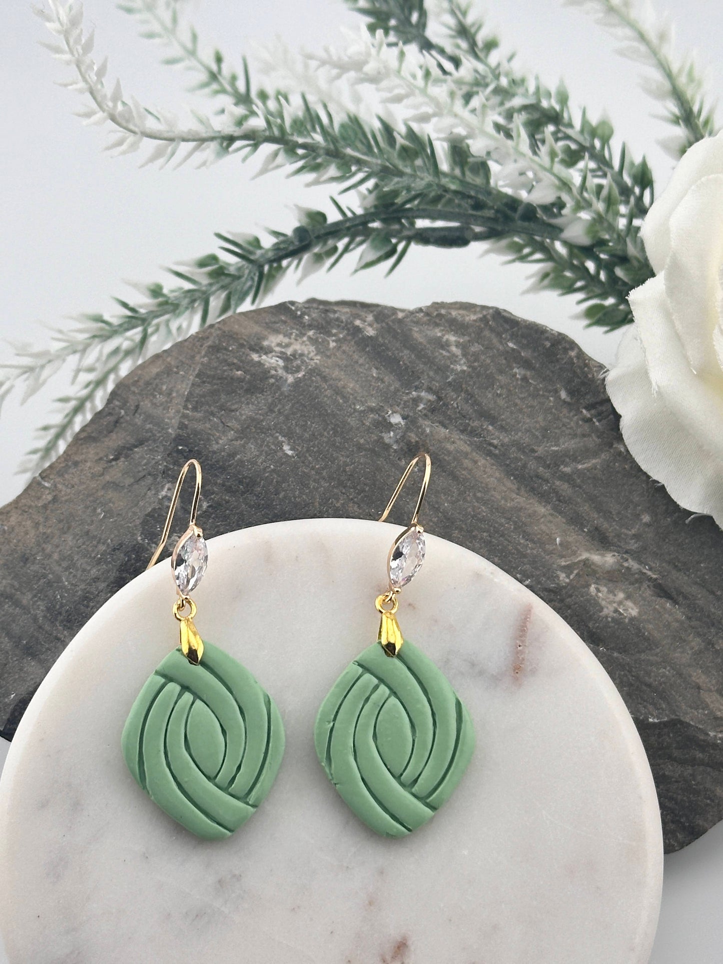 Sage Green, Gold & Cubic Zirconia, Glam Polymer Clay Earrings