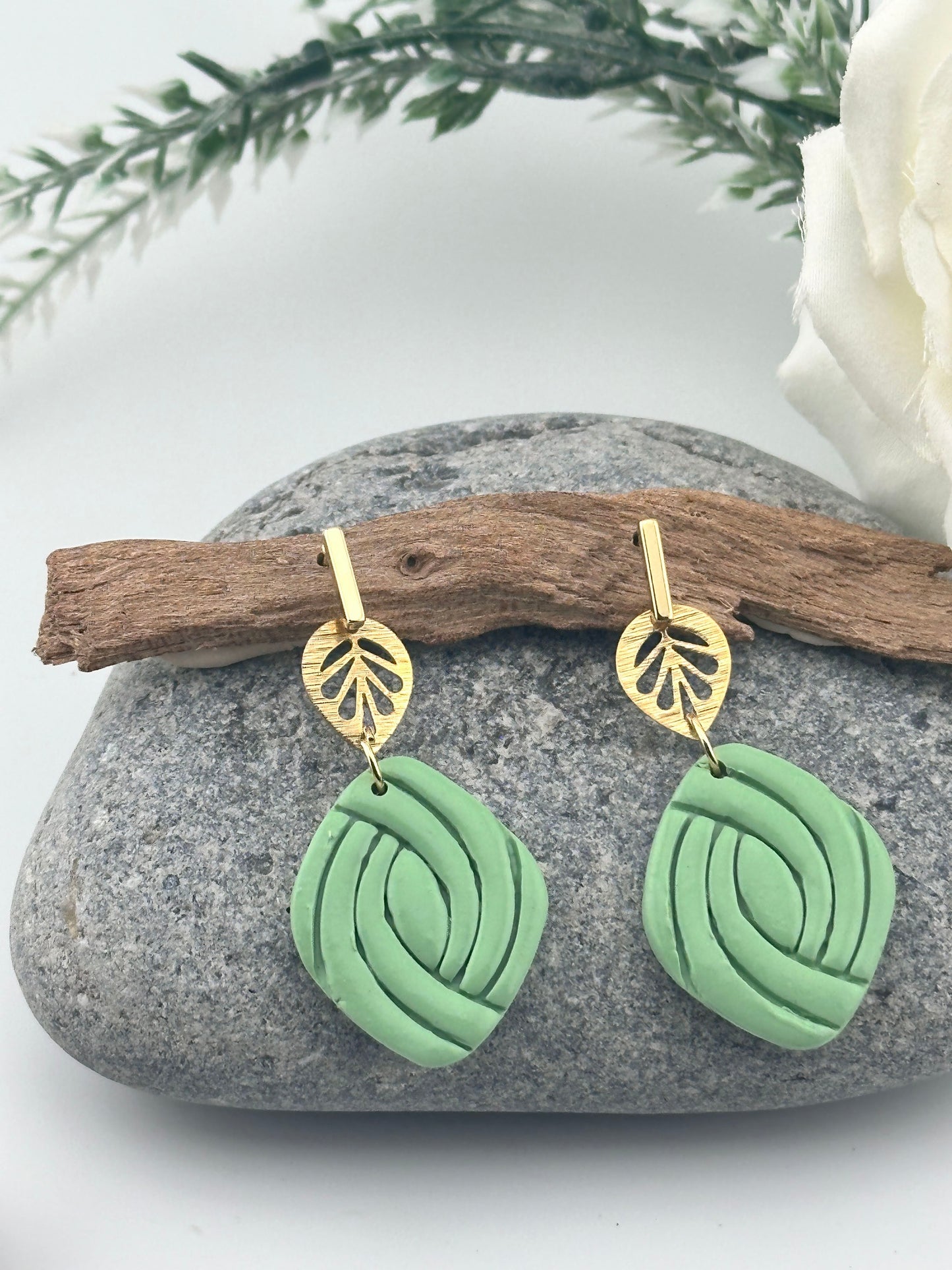 Sage Green and Gold Leaf, Glam Polymer Clay Earrings