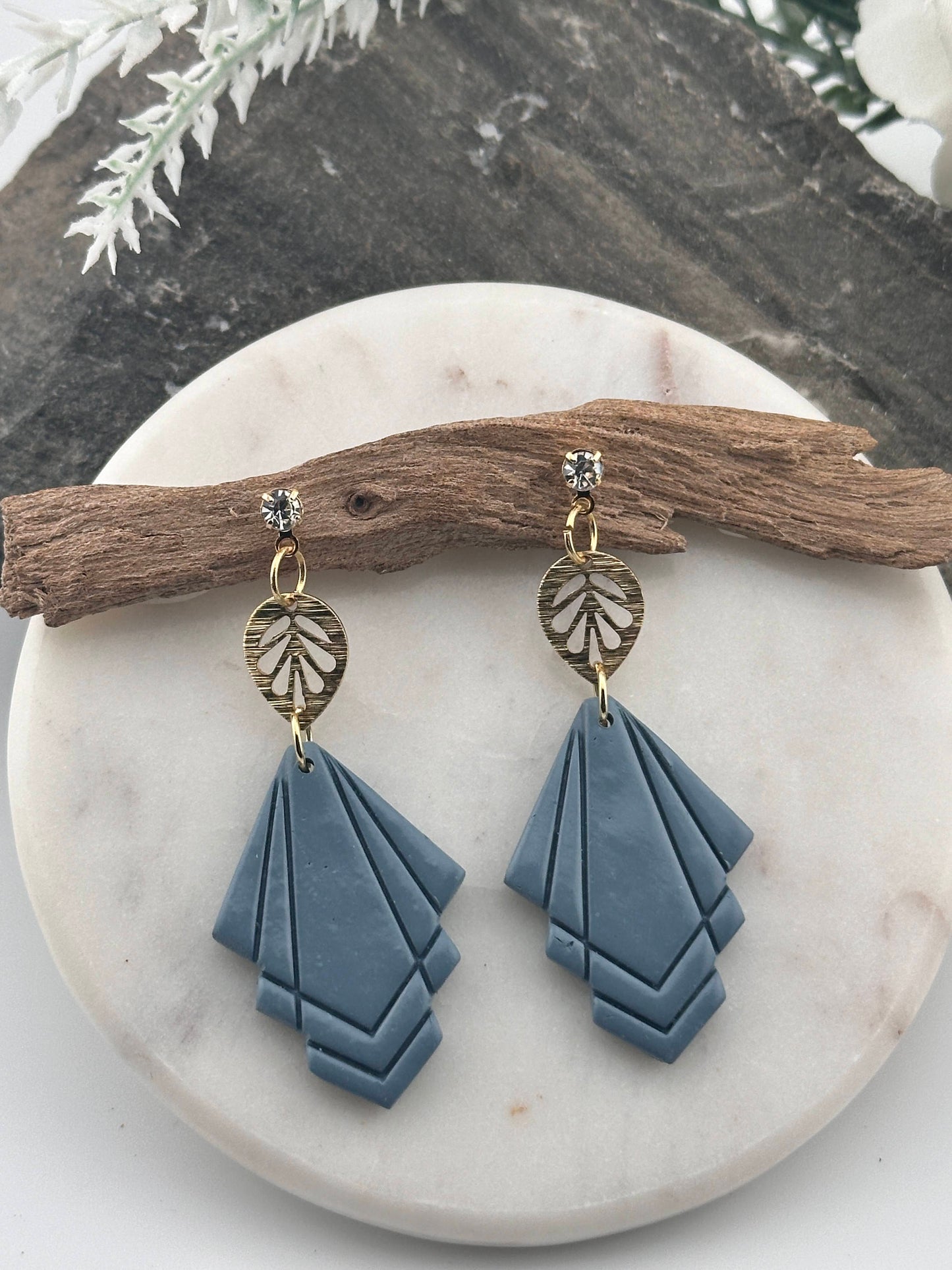 Steel Blue and Gold Leaf, Glam Polymer Clay Earrings