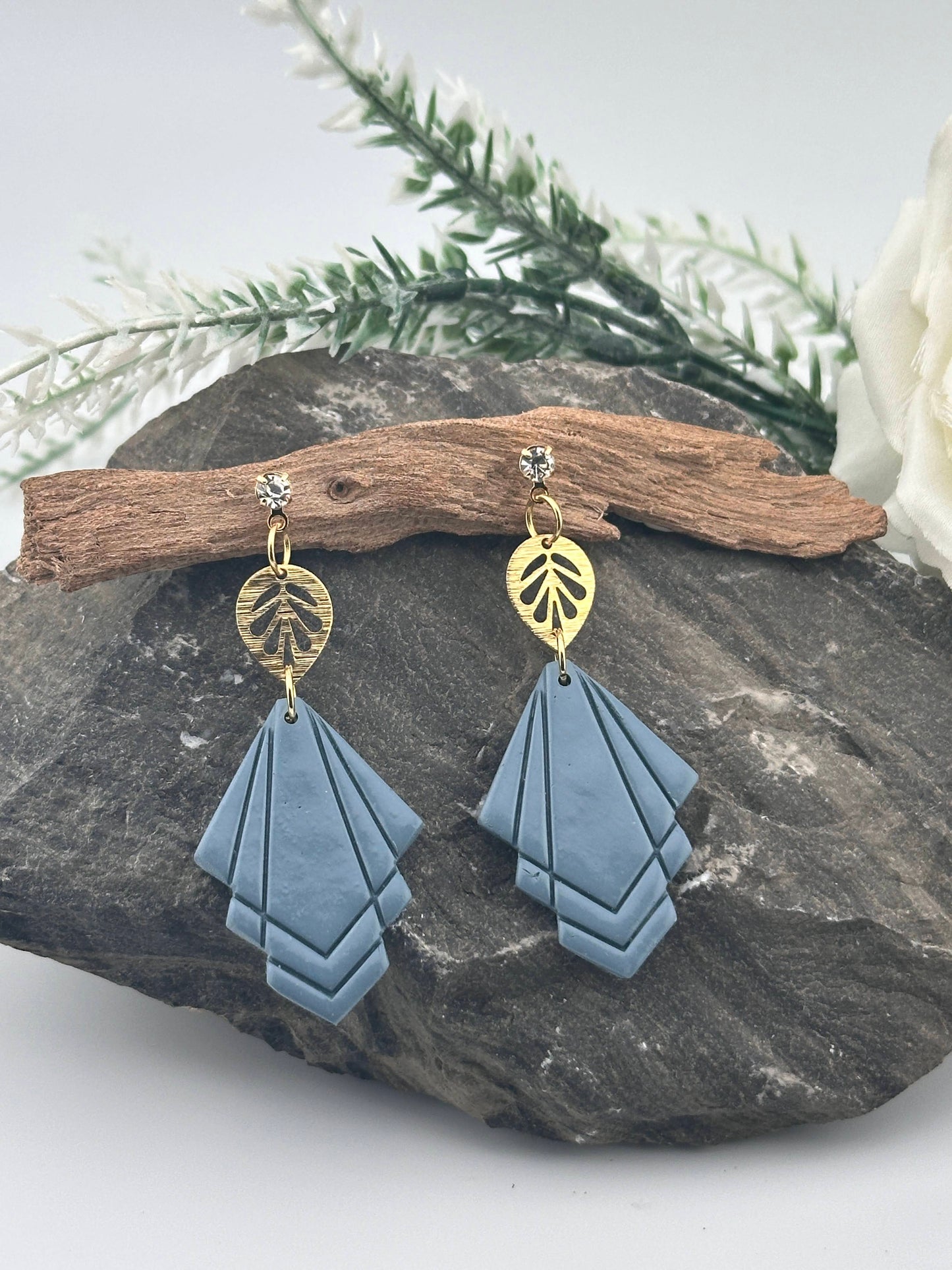 Steel Blue and Gold Leaf, Glam Polymer Clay Earrings