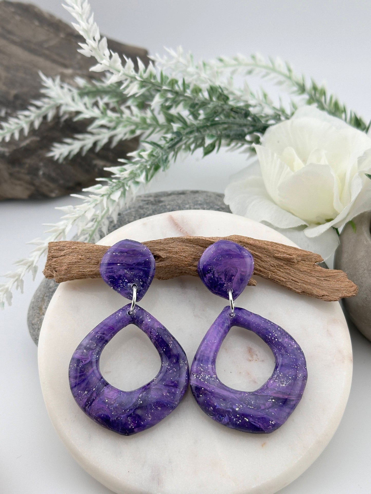 Purple Marble Teardrop Dangle Earrings