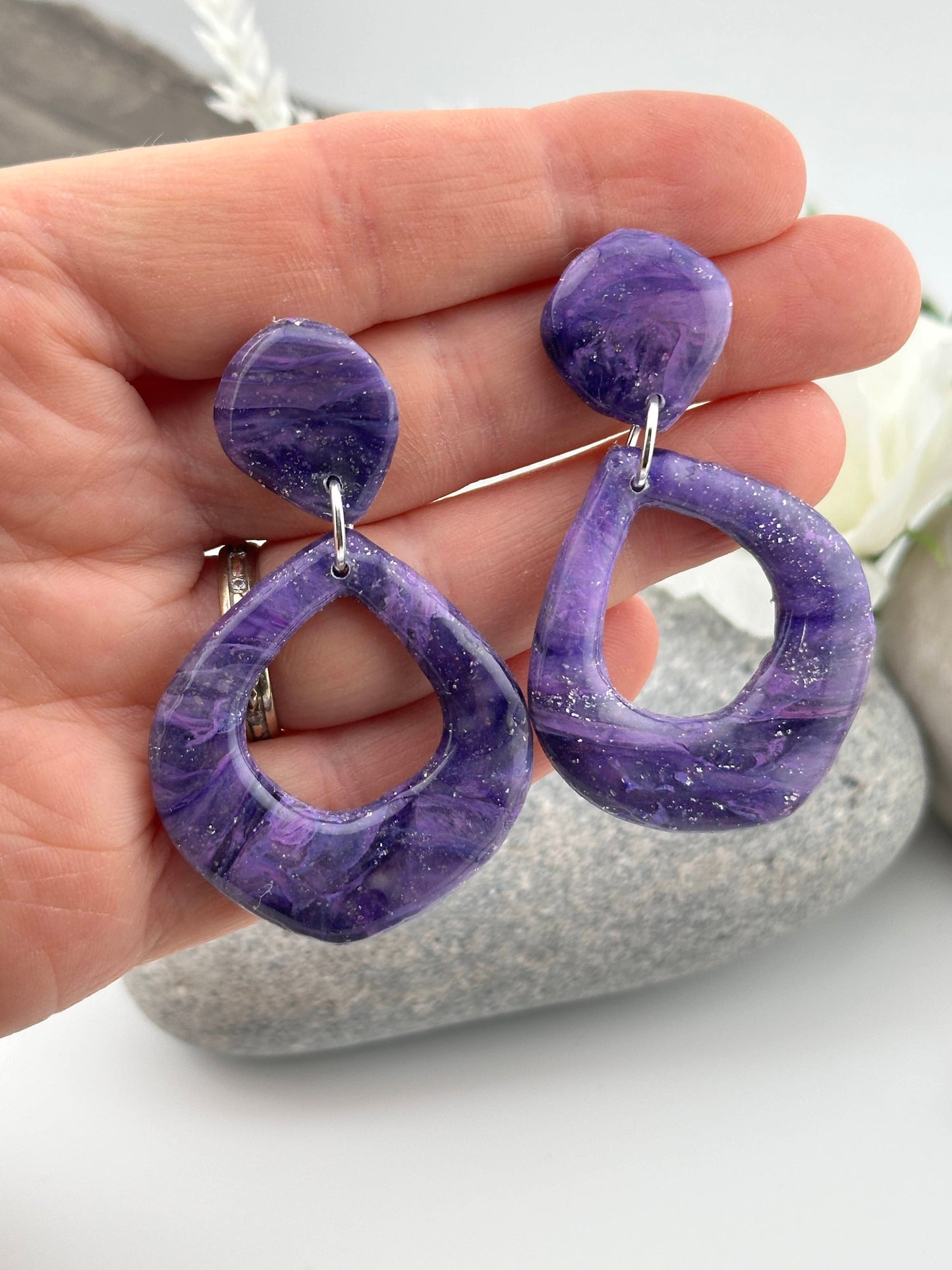 Purple Marble Teardrop Dangle Earrings