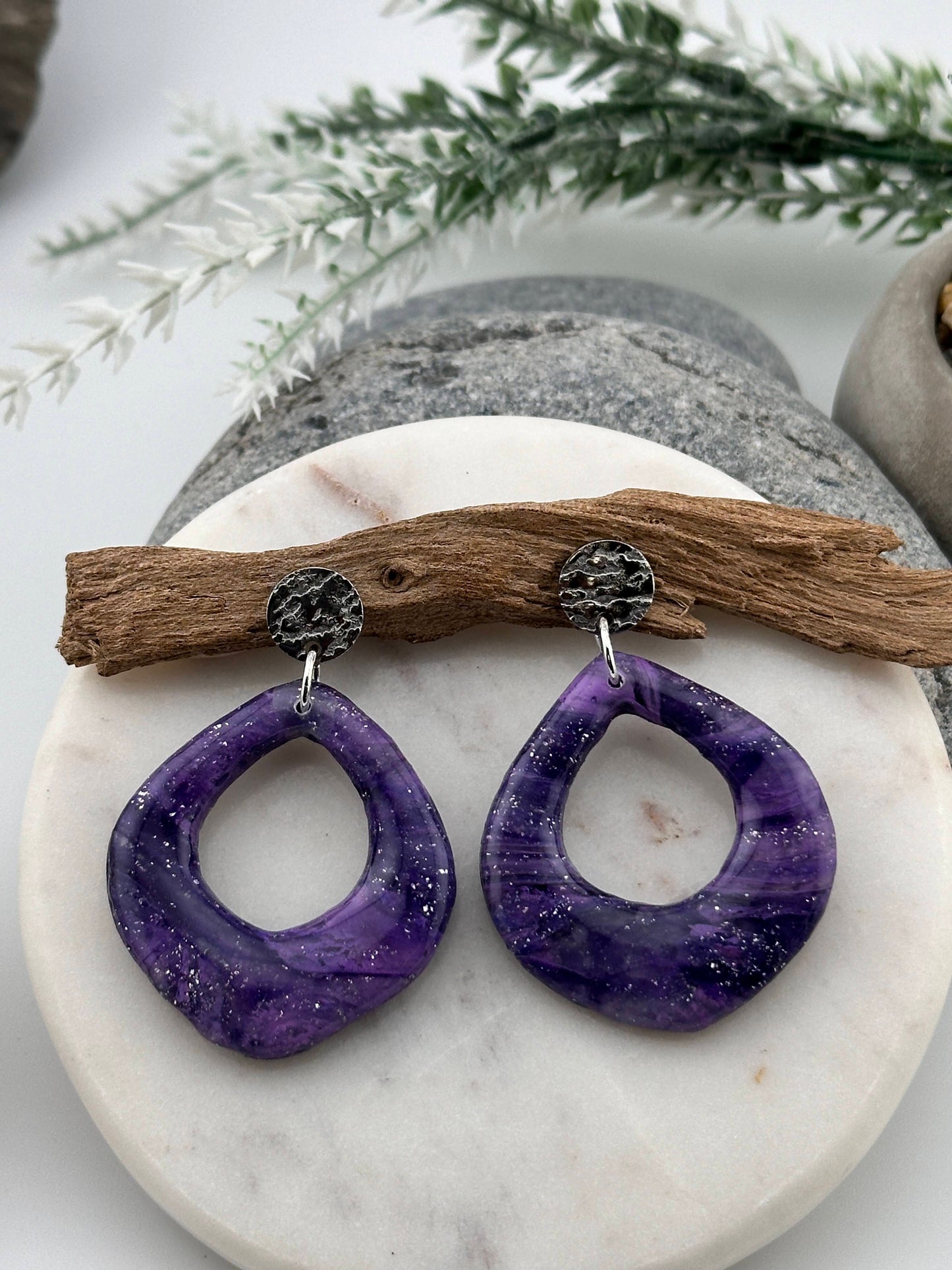 Purple Marble Teardrop Dangle Earrings