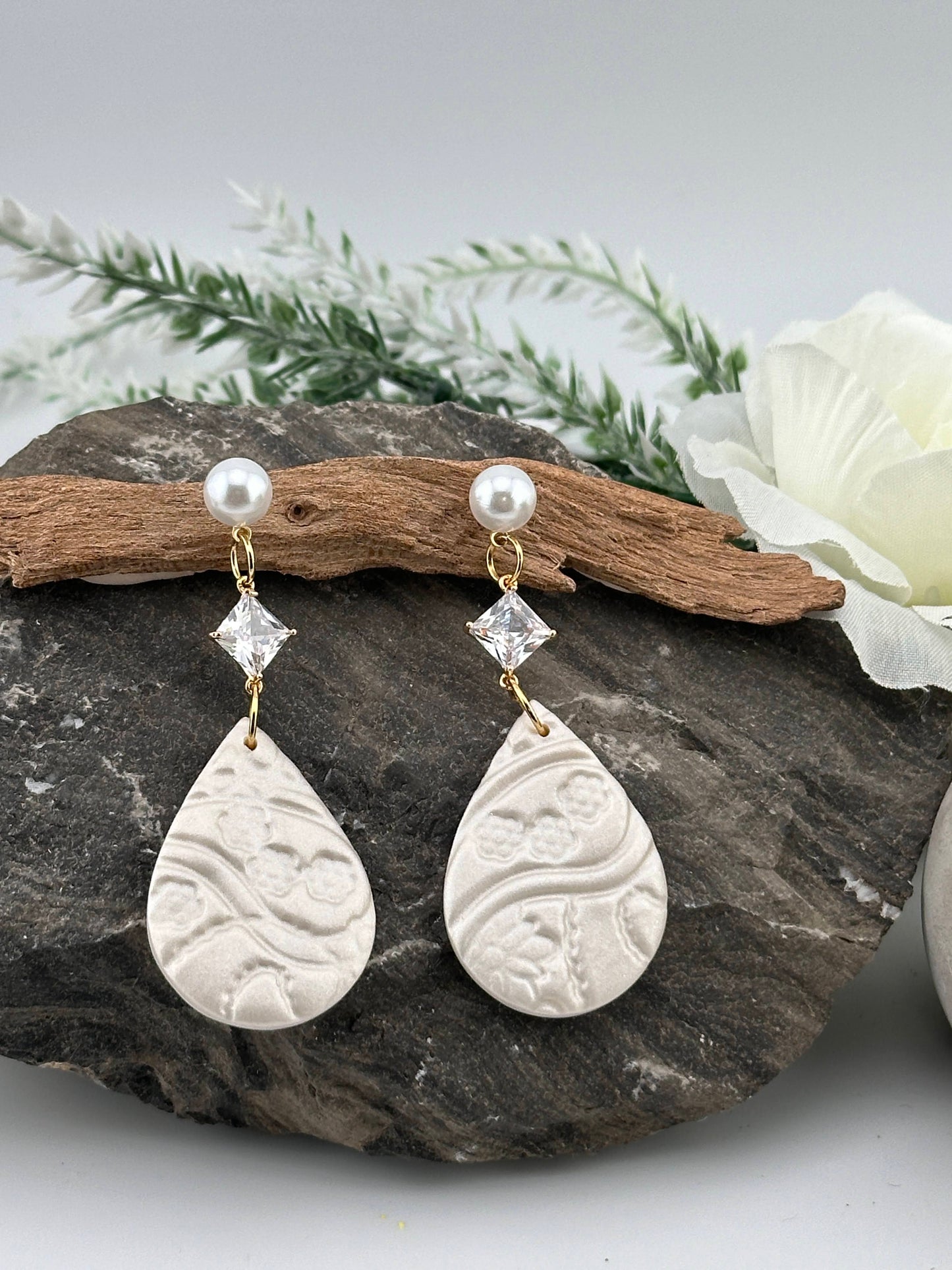 Rhinestone, Pearl & Lace Polymer Clay Wedding Earrings