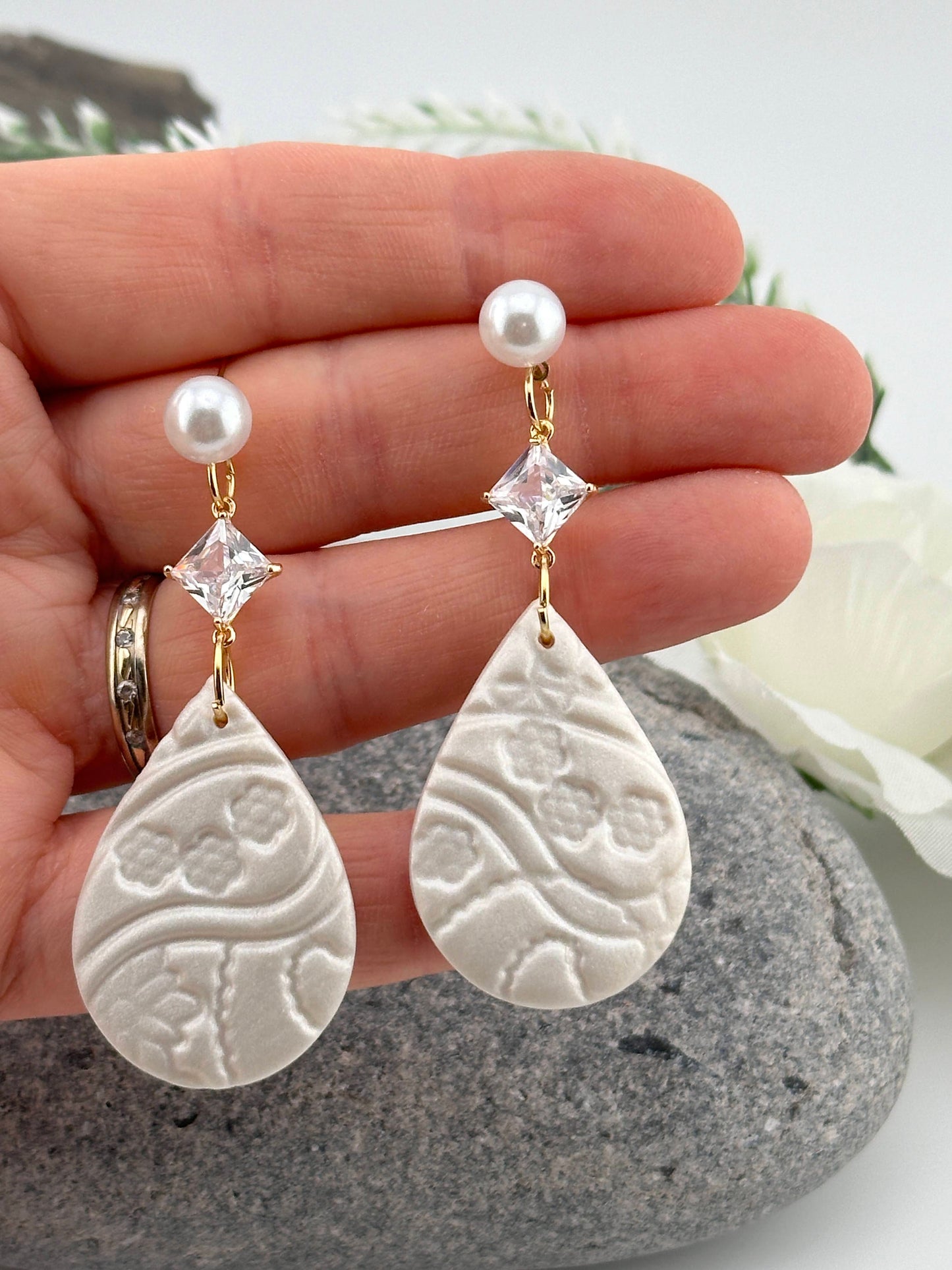 Rhinestone, Pearl & Lace Polymer Clay Wedding Earrings