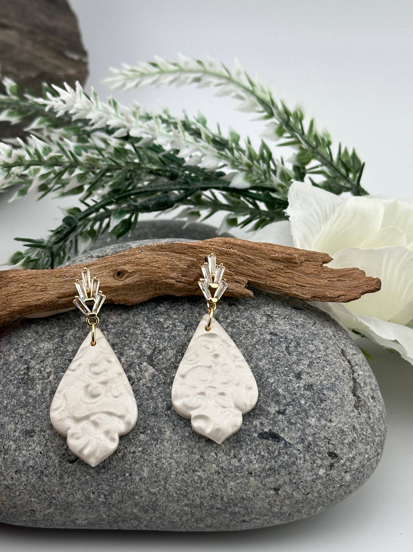 White Cubic Zirconia & Lace Polymer Clay Wedding Glam Earrings