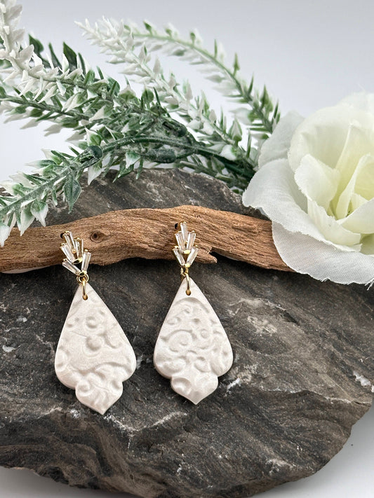 White Cubic Zirconia & Lace Polymer Clay Wedding Glam Earrings