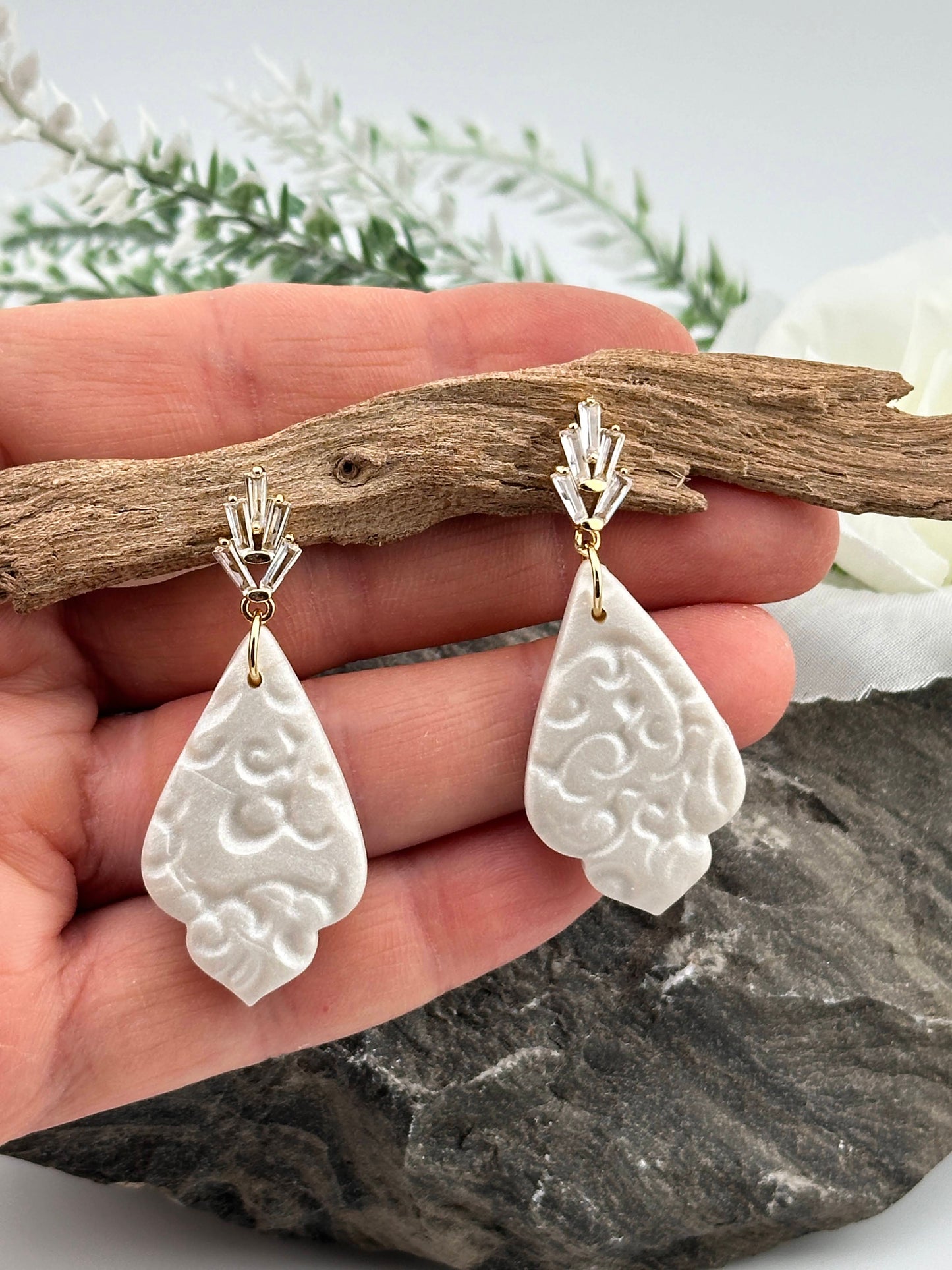 White Cubic Zirconia & Lace Polymer Clay Wedding Glam Earrings