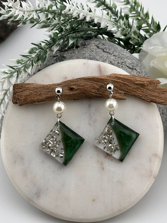 Diamond Shaped, Green and Silver Dangle Earrings with Pearls