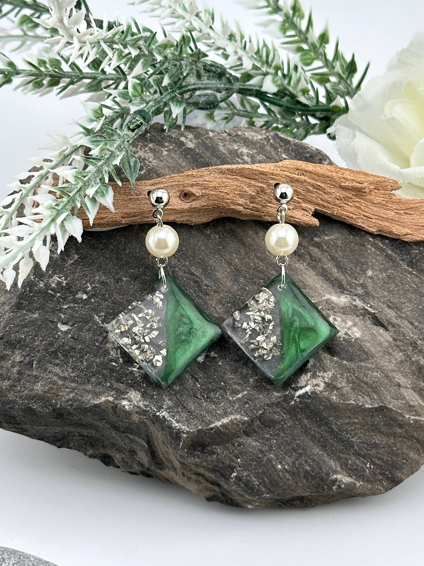 Diamond Shaped, Green and Silver Dangle Earrings with Pearls