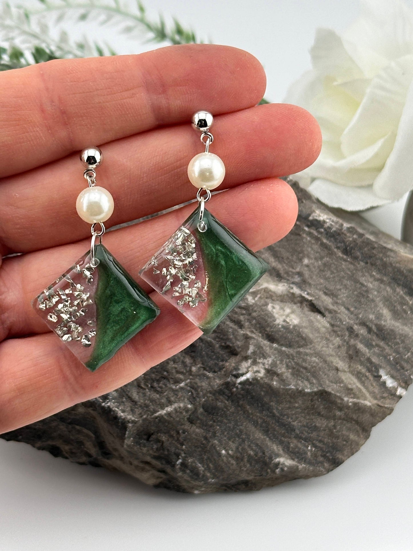 Diamond Shaped, Green and Silver Dangle Earrings with Pearls