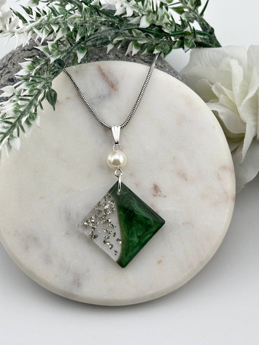 Diamond Shaped, Green and Silver Pendant/Necklace with Pearl