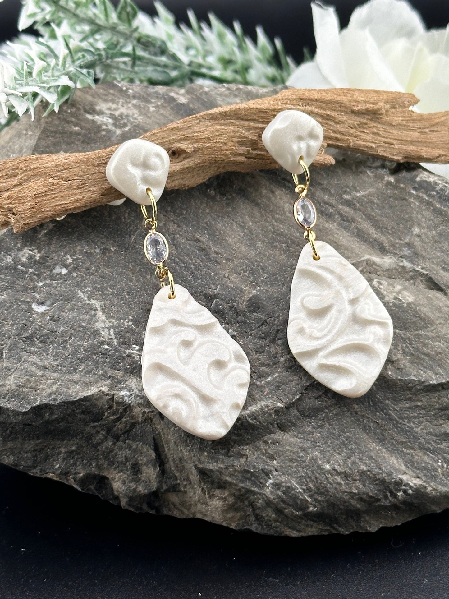 Rhinestone & Lace Polymer Clay Wedding Earrings