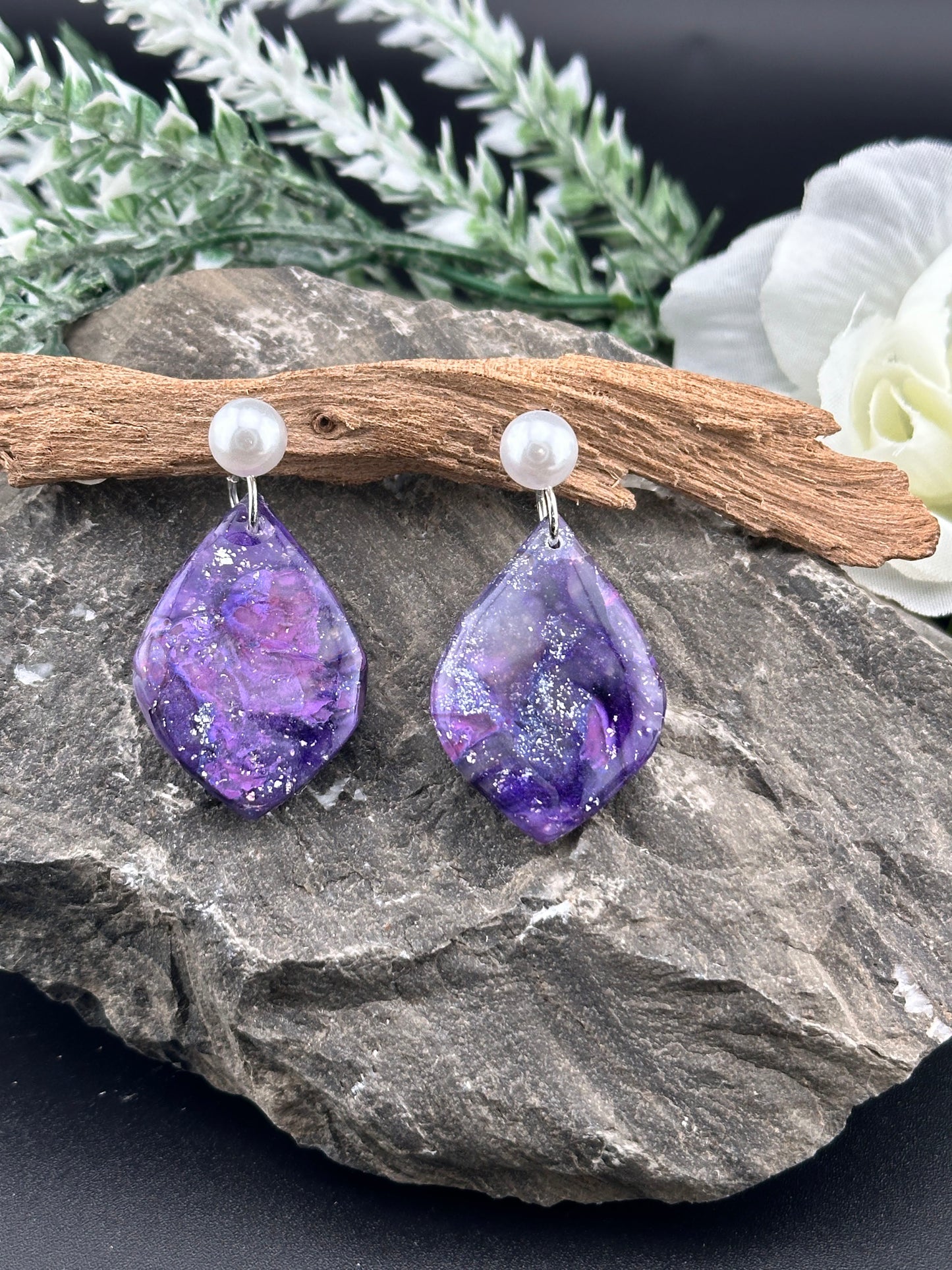 Purple, Silver Marble & Pearl Polymer Clay Earrings