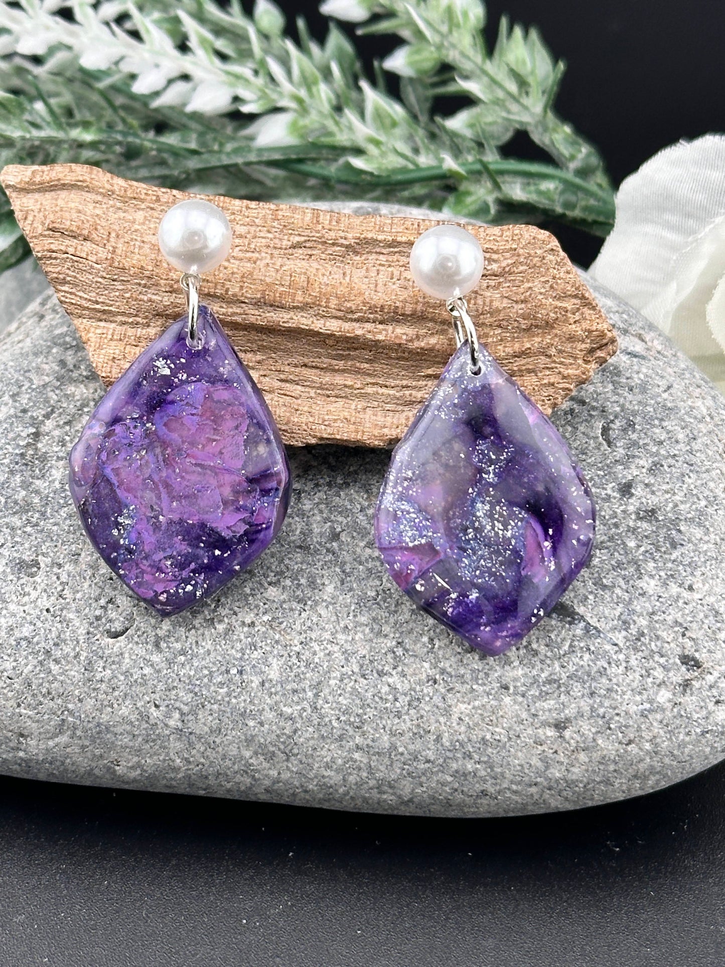 Purple, Silver Marble & Pearl Polymer Clay Earrings