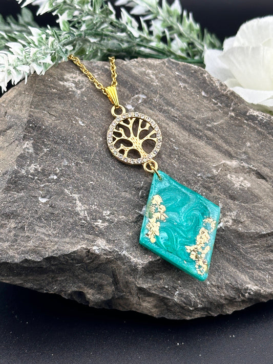 Jade & Gold Colour, Tree of Life, Resin Necklace