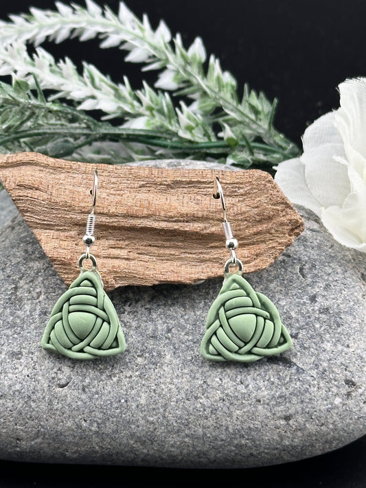 Celtic Trinity Knot, Sage Green Polymer Clay Earrings