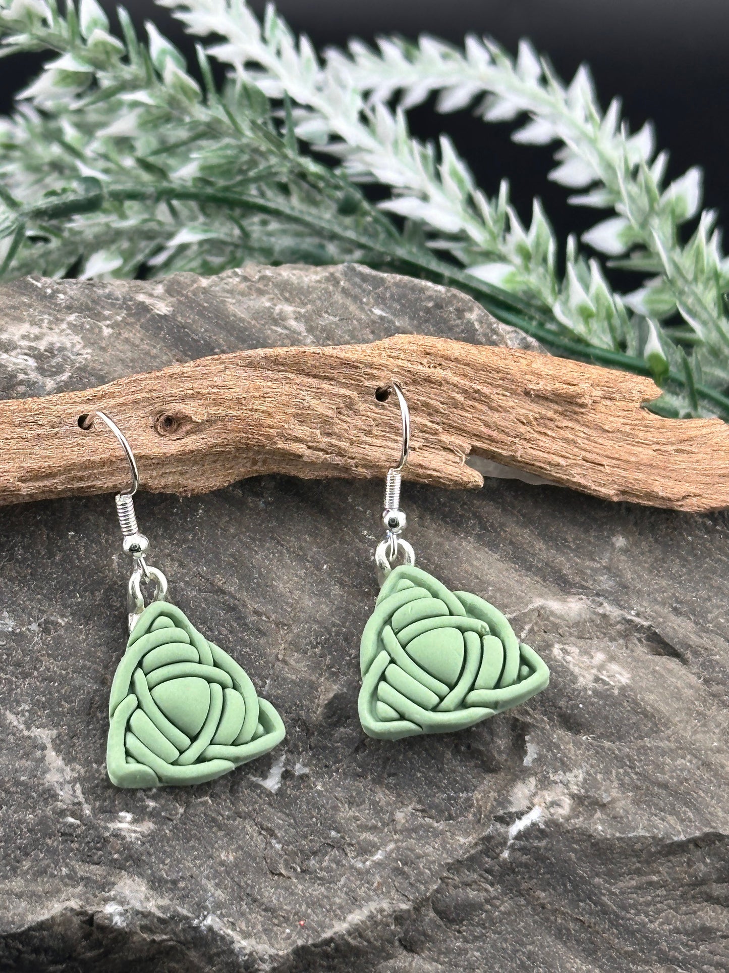 Celtic Trinity Knot, Sage Green Polymer Clay Earrings