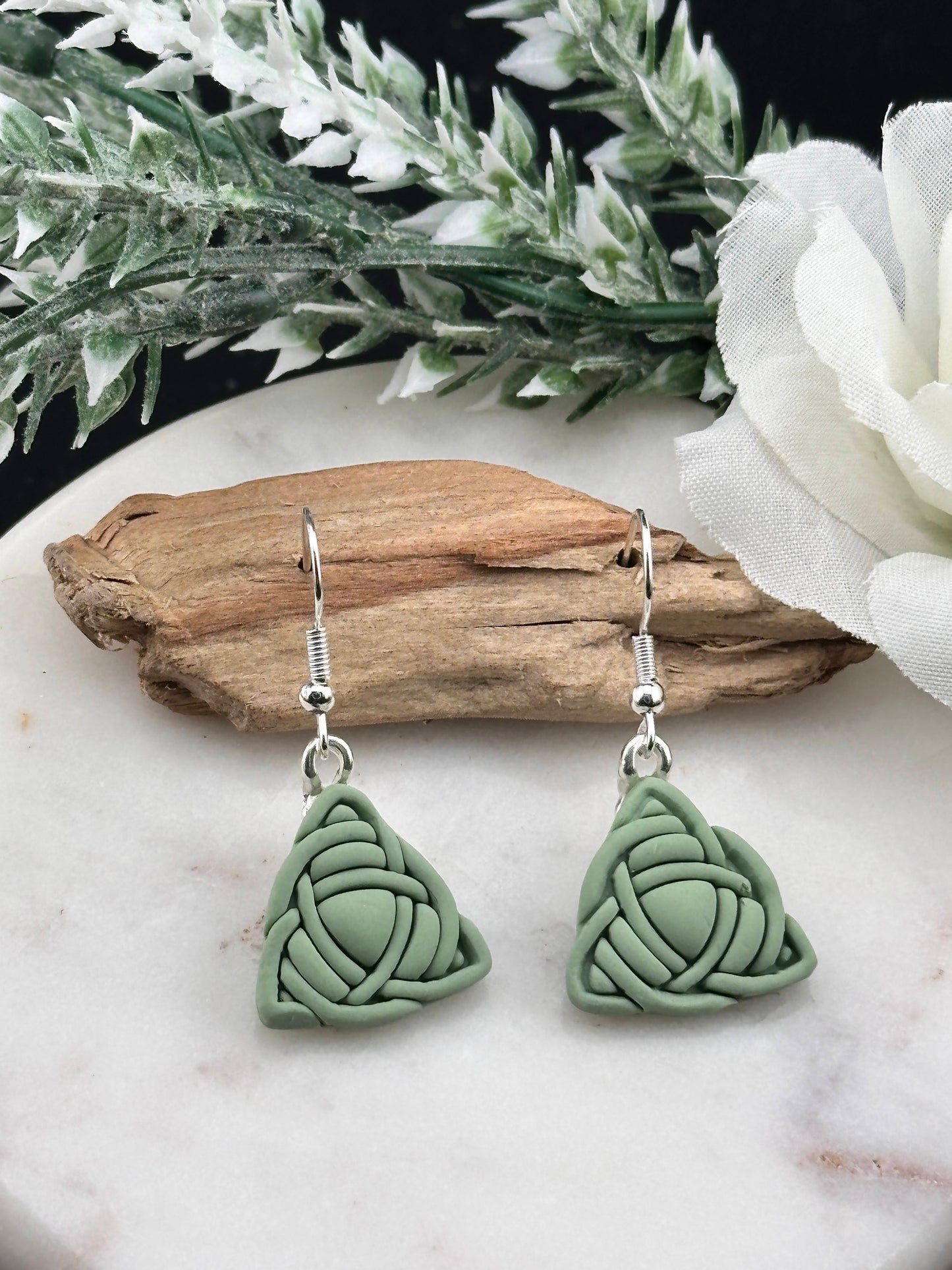 Celtic Trinity Knot, Sage Green Polymer Clay Earrings