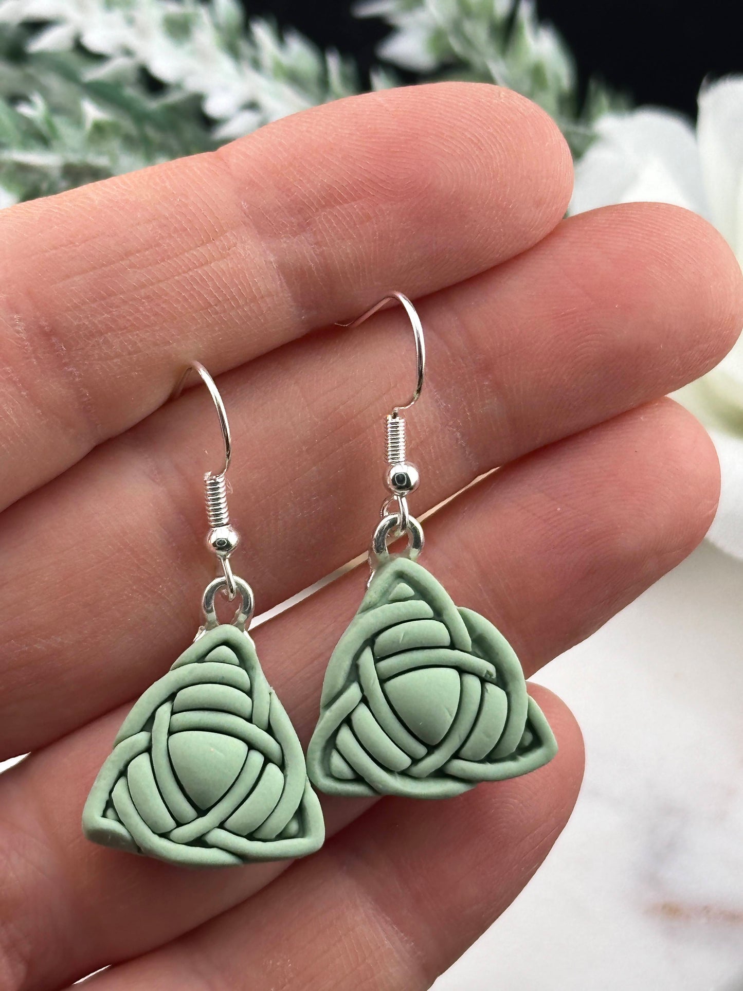 Celtic Trinity Knot, Sage Green Polymer Clay Earrings