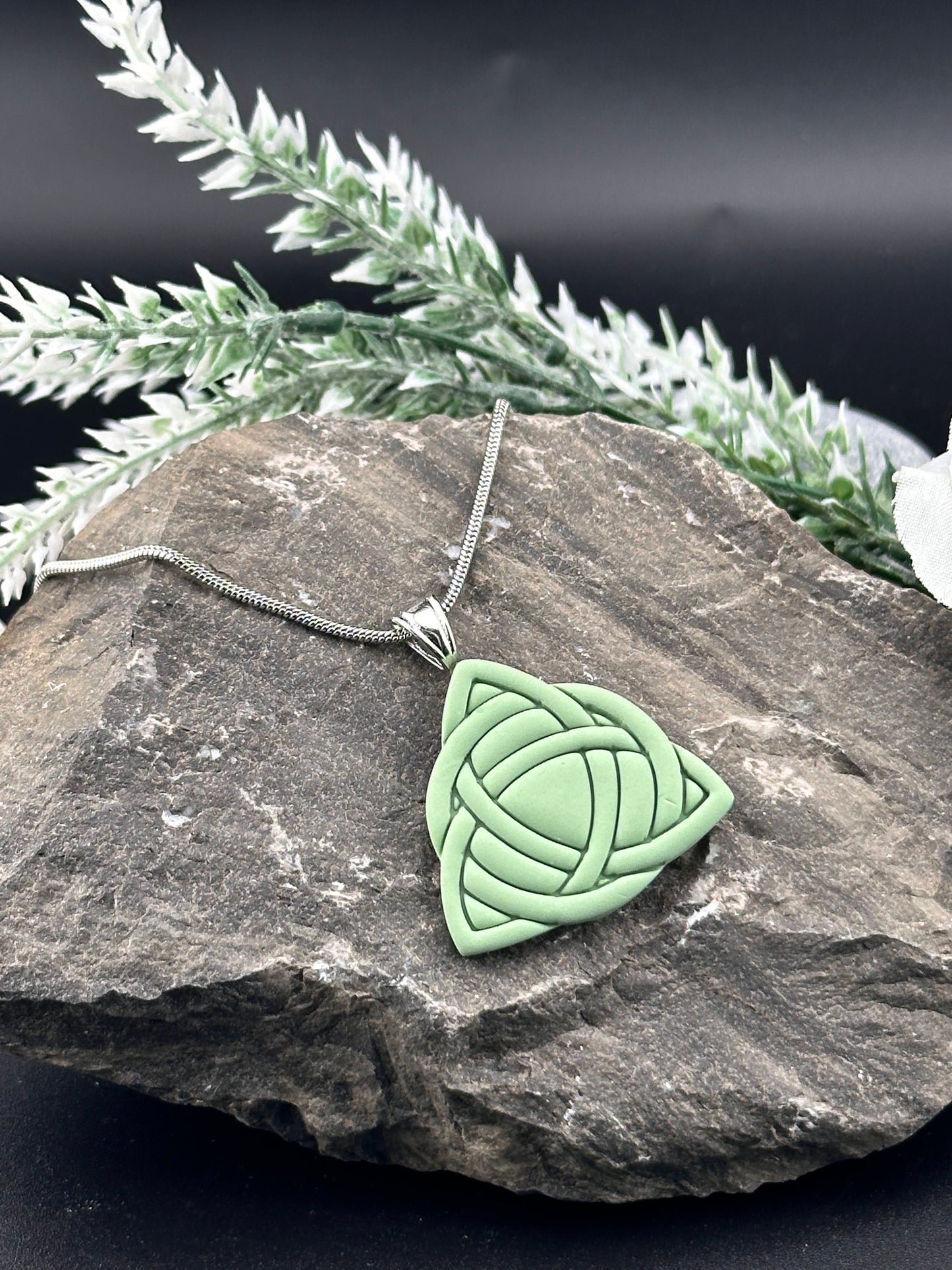 Celtic Trinity Knot, Sage Green, Polymer Clay Necklace