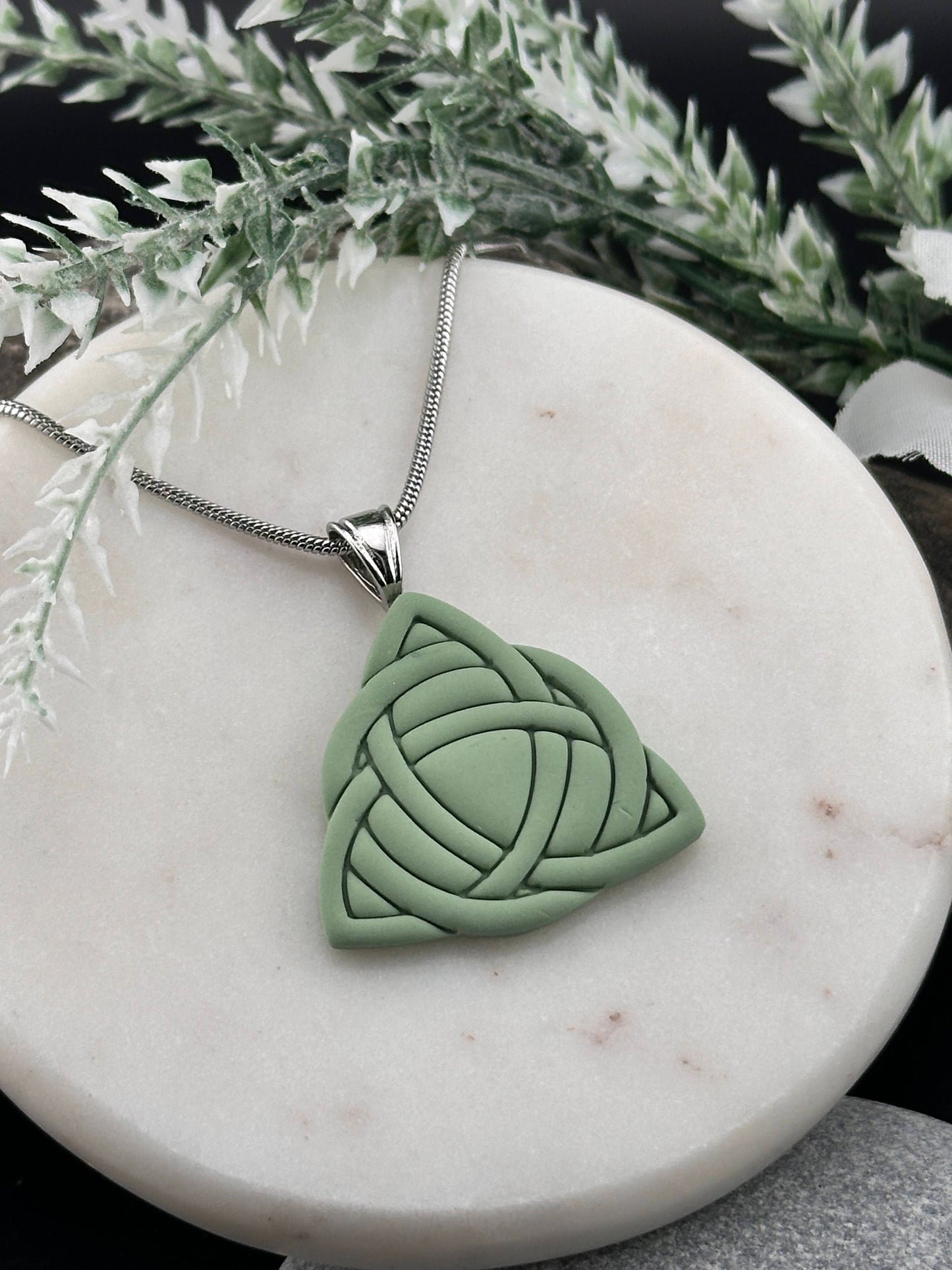 Celtic Trinity Knot, Sage Green, Polymer Clay Necklace