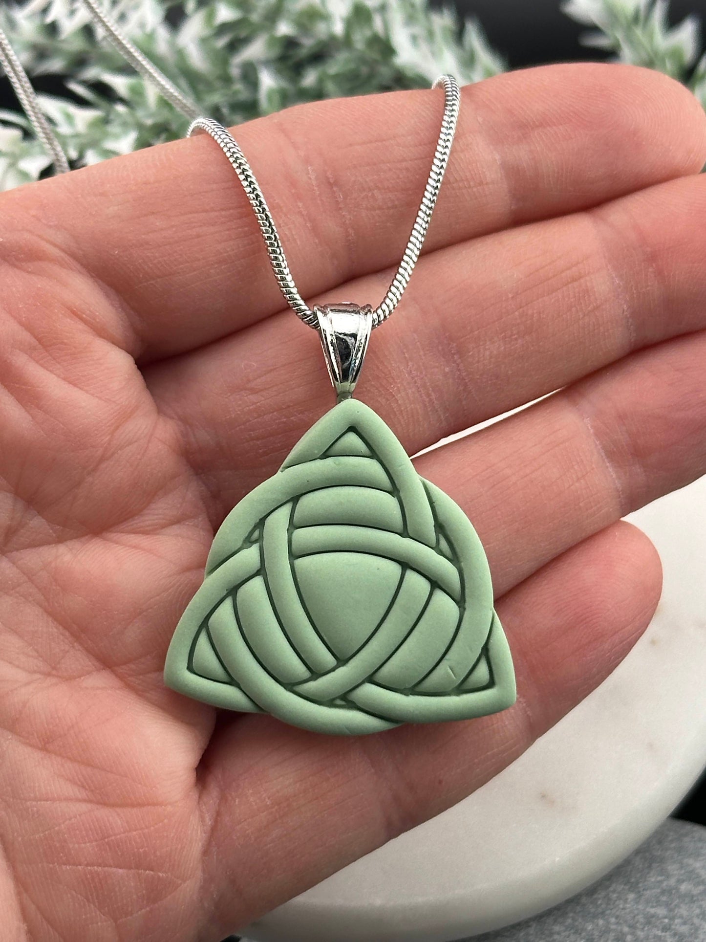 Celtic Trinity Knot, Sage Green, Polymer Clay Necklace