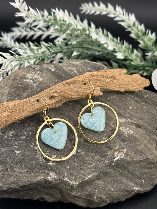 Sky Blue Marble Hearts & Gold Dangle Circle Earrings