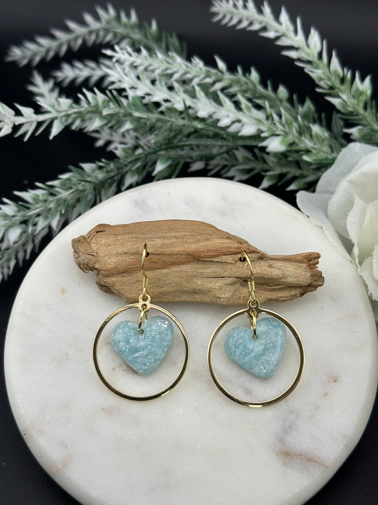 Sky Blue Marble Hearts & Gold Dangle Circle Earrings