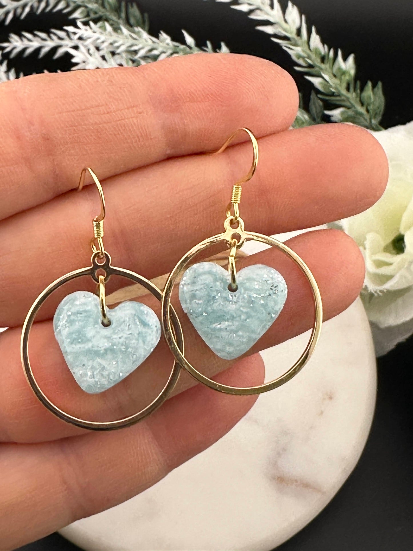 Sky Blue Marble Hearts & Gold Dangle Circle Earrings