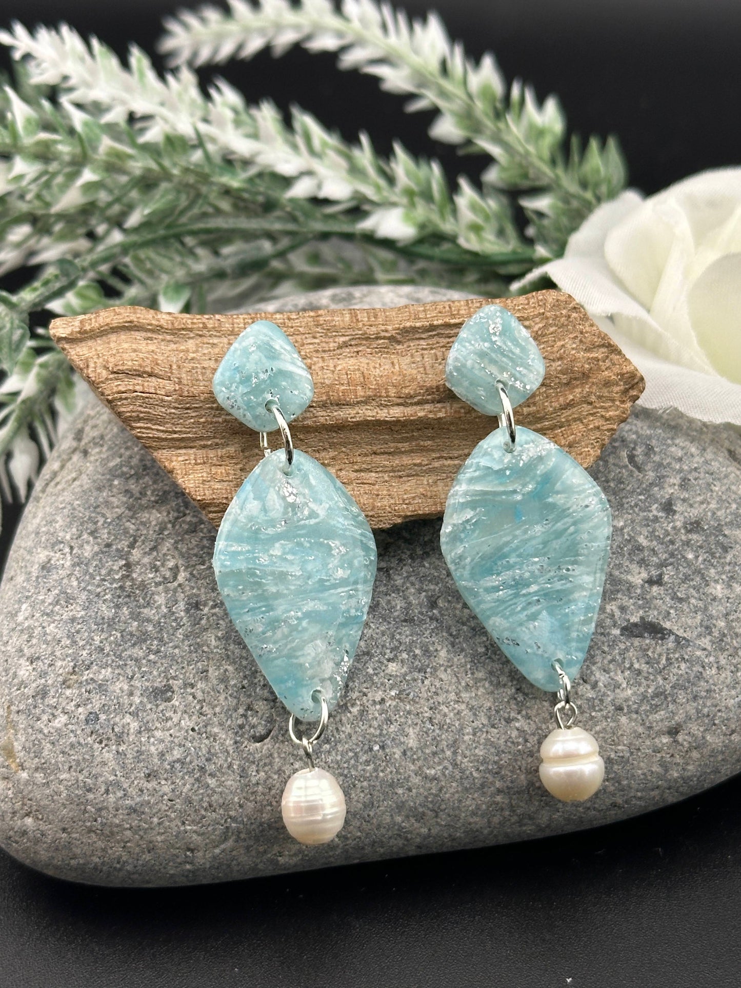 Sky Blue Marble & Real Freshwater Pearl Dangle Earrings