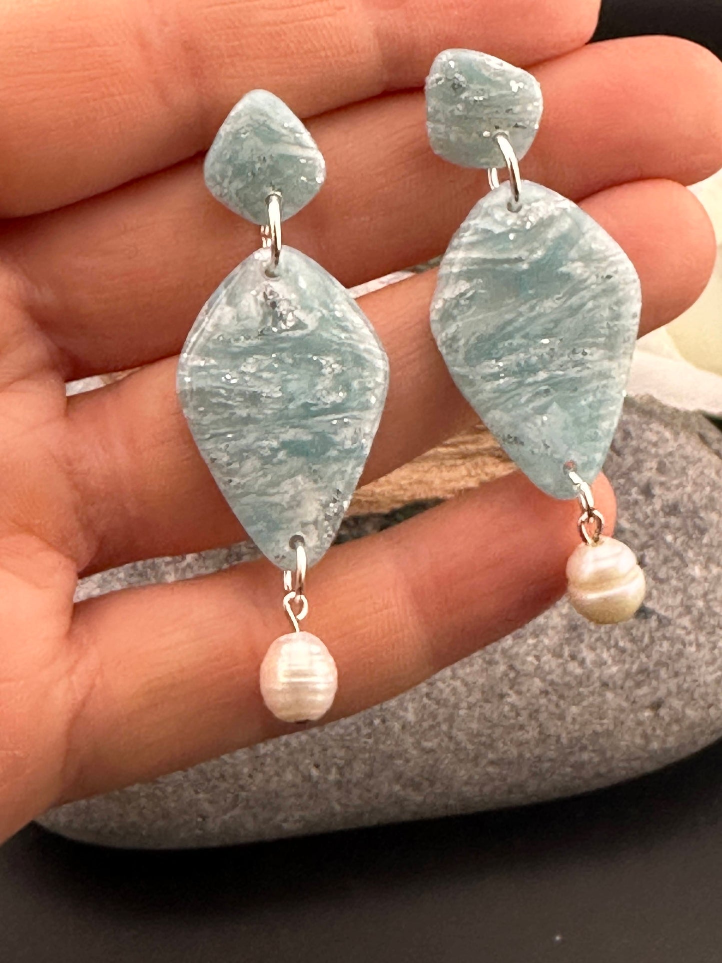 Sky Blue Marble & Real Freshwater Pearl Dangle Earrings