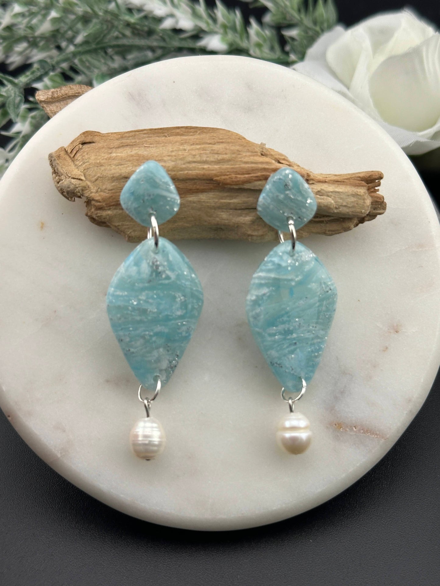 Sky Blue Marble & Real Freshwater Pearl Dangle Earrings