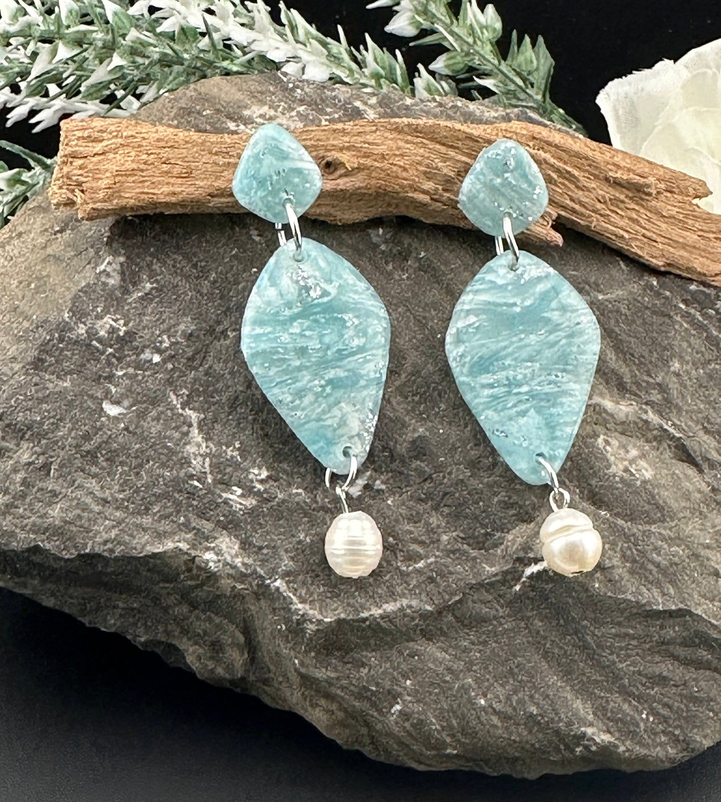 Sky Blue Marble & Real Freshwater Pearl Dangle Earrings