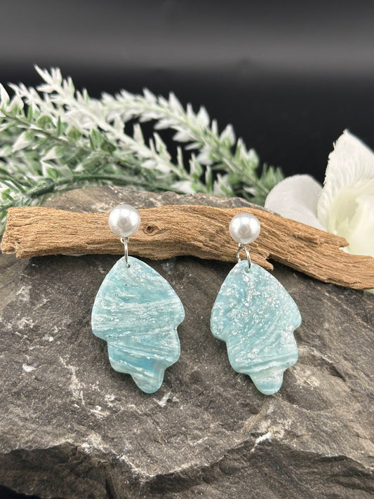 Sky Blue Marble, Leaf Shaped Dangle Earrings - Pearl Stud or Earring Hook Option