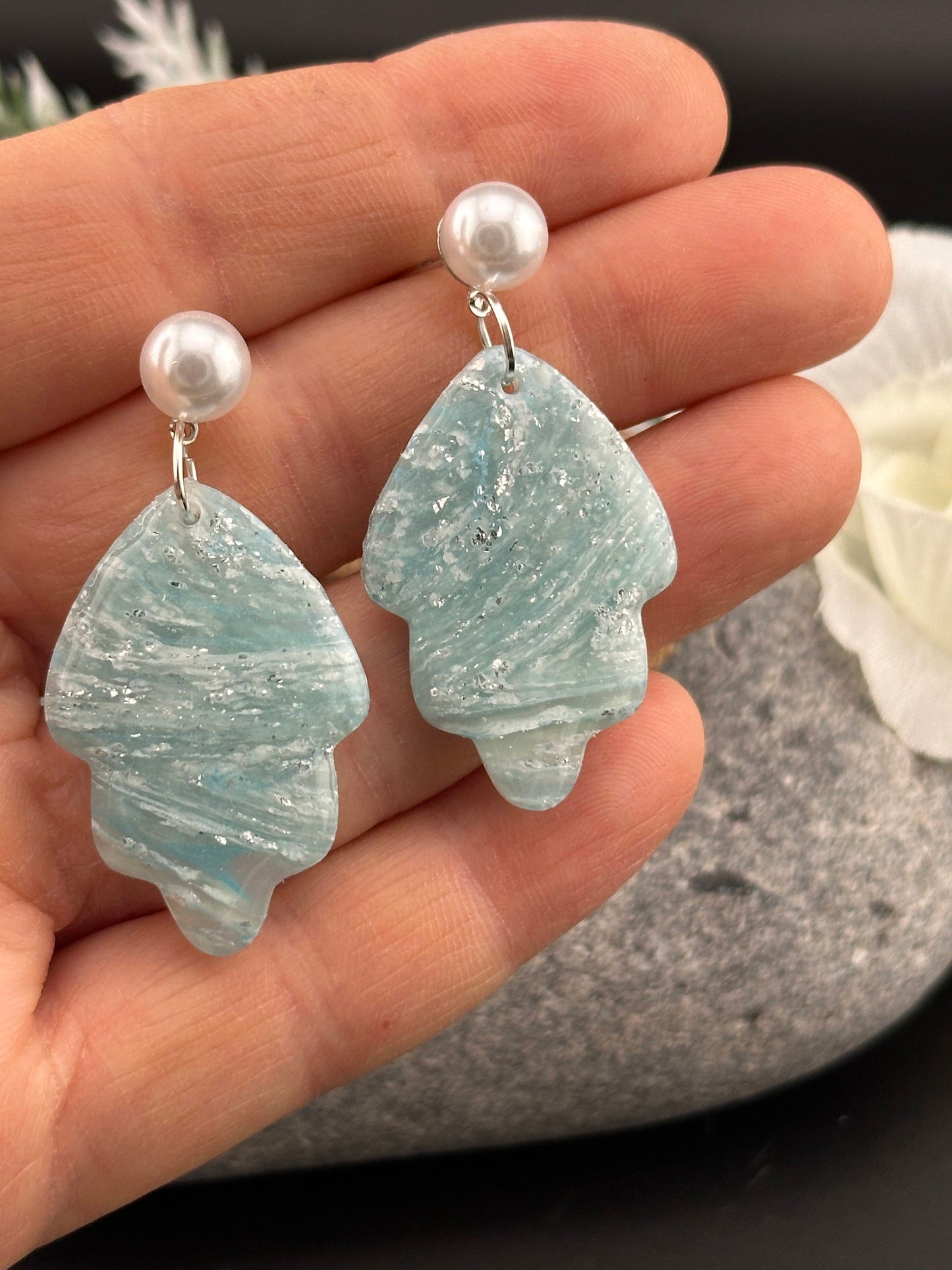 Sky Blue Marble, Leaf Shaped Dangle Earrings - Pearl Stud or Earring Hook Option