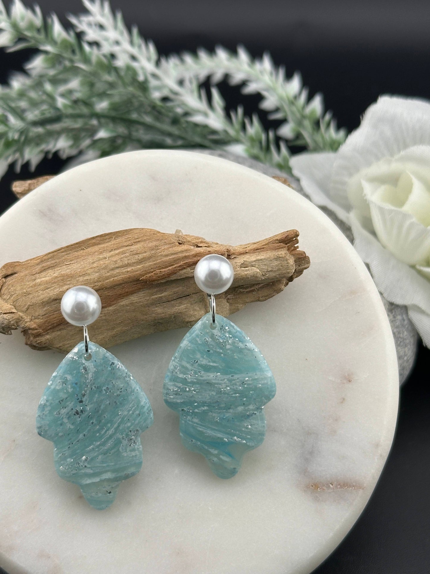 Sky Blue Marble, Leaf Shaped Dangle Earrings - Pearl Stud or Earring Hook Option