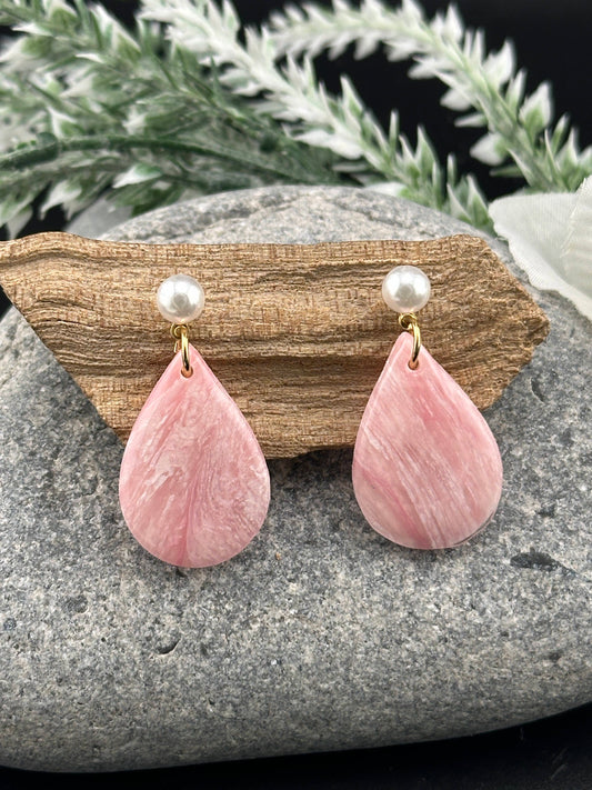 Light Pink Marble & Pearl Teardrop Earrings