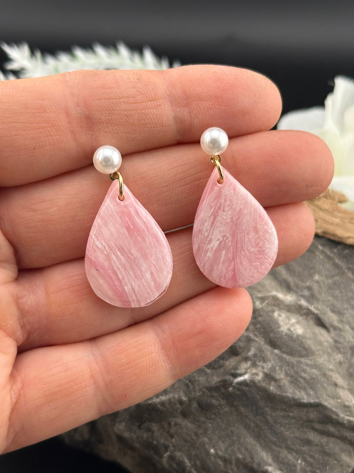 Light Pink Marble & Pearl Teardrop Earrings