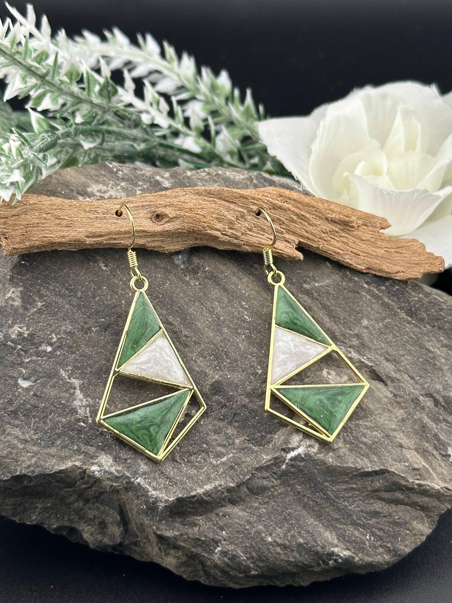 Forest Green & Off-White, Geometric Dangle Earrings