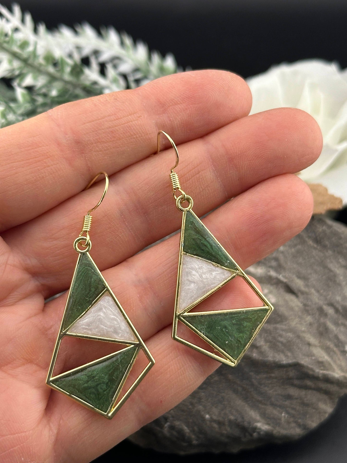 Forest Green & Off-White, Geometric Dangle Earrings