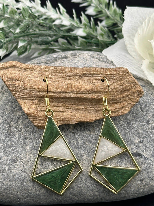 Forest Green & Off-White, Geometric Dangle Earrings