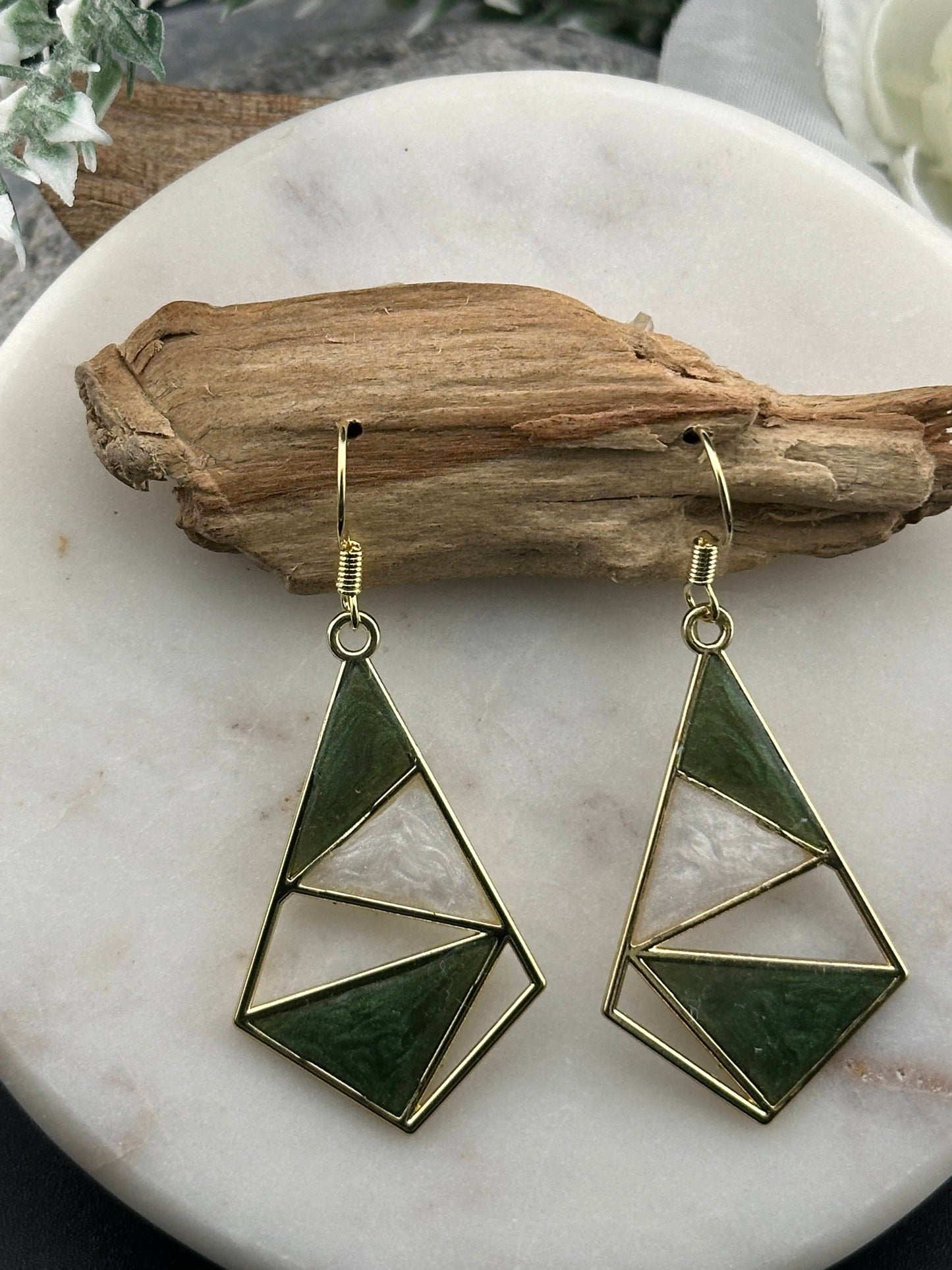 Forest Green & Off-White, Geometric Dangle Earrings