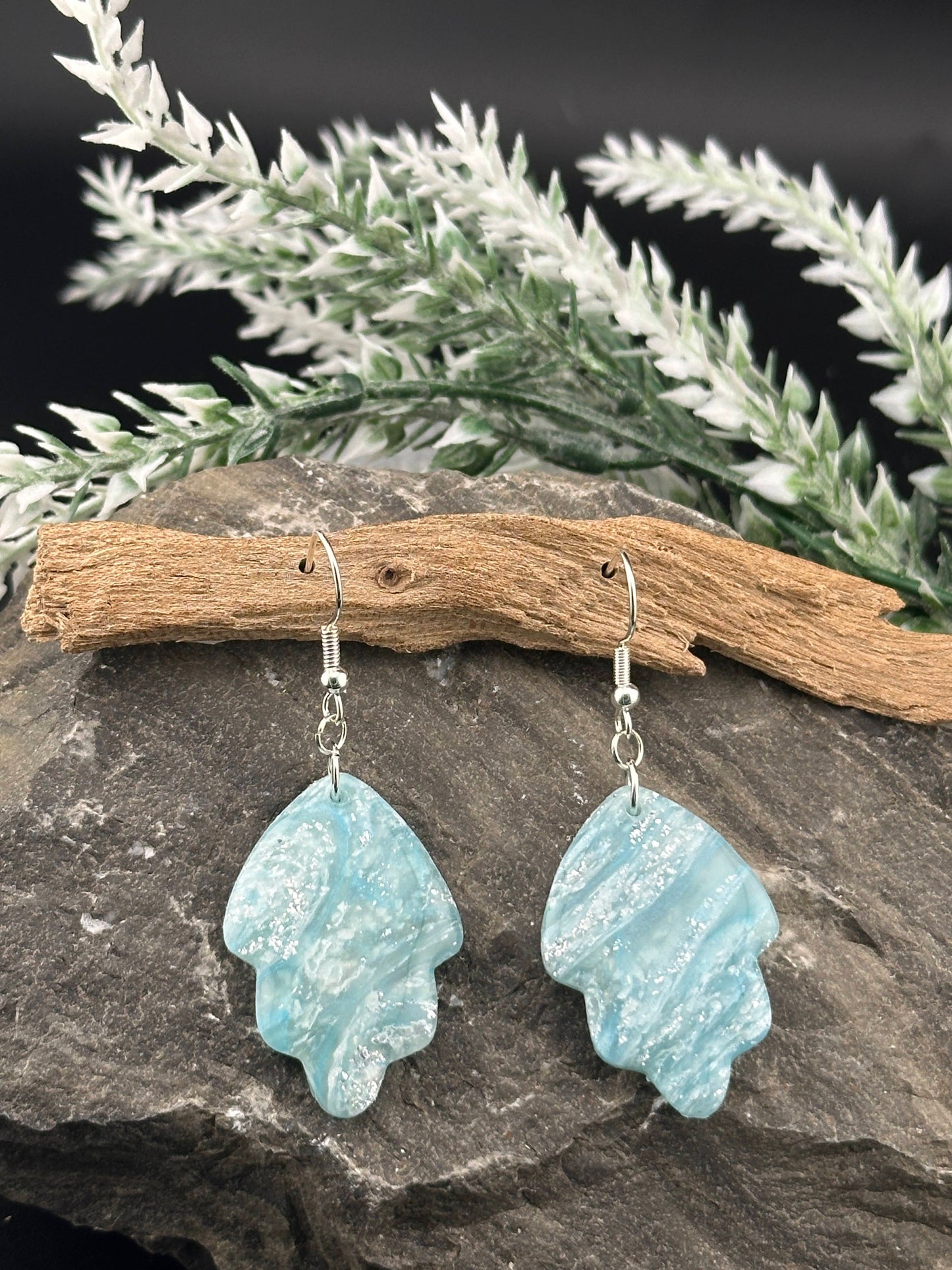 Sky Blue Marble, Leaf Shaped Dangle Earrings - Pearl Stud or Earring Hook Option