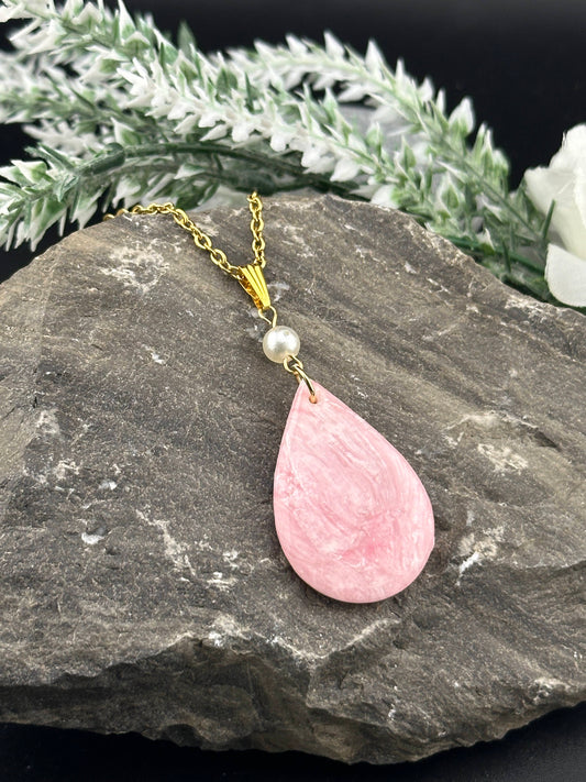 Light Pink Marble & Pearl Teardrop Pendant/Necklace