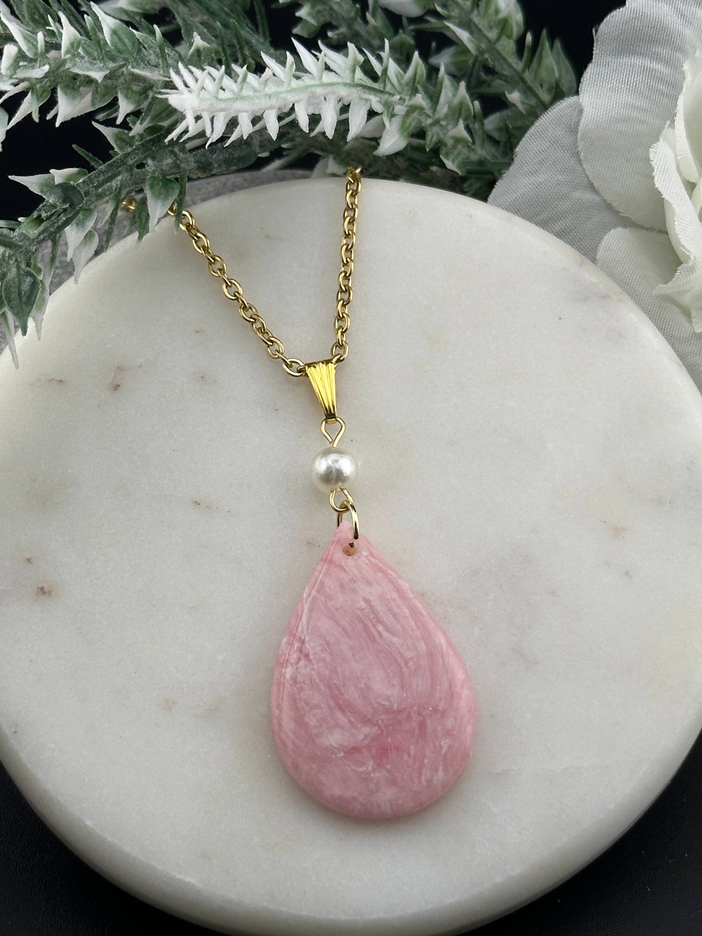 Light Pink Marble & Pearl Teardrop Pendant/Necklace