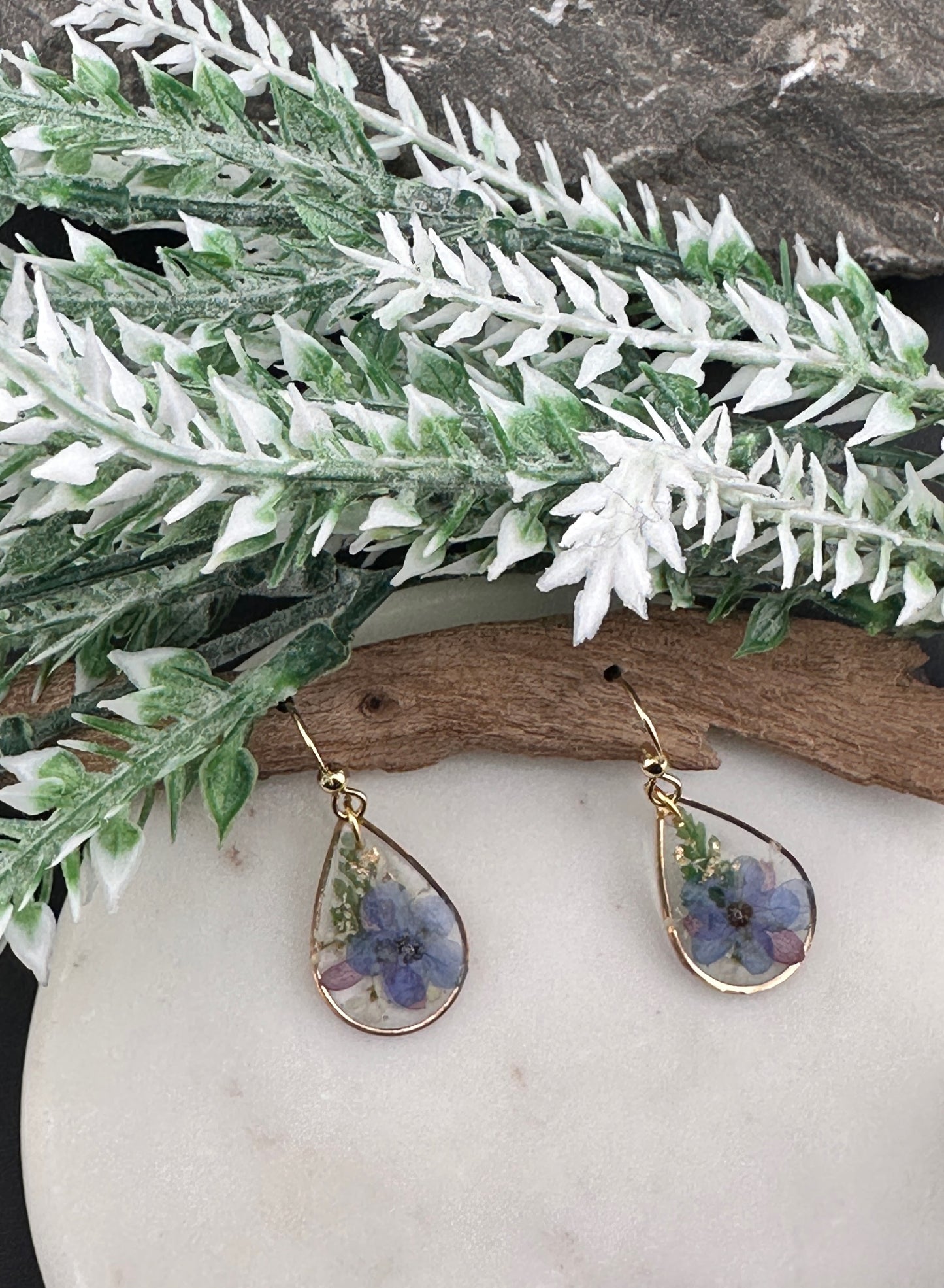 Garden Collection Teardrop Earrings with Forget-Me-Nots and Hydrangeas