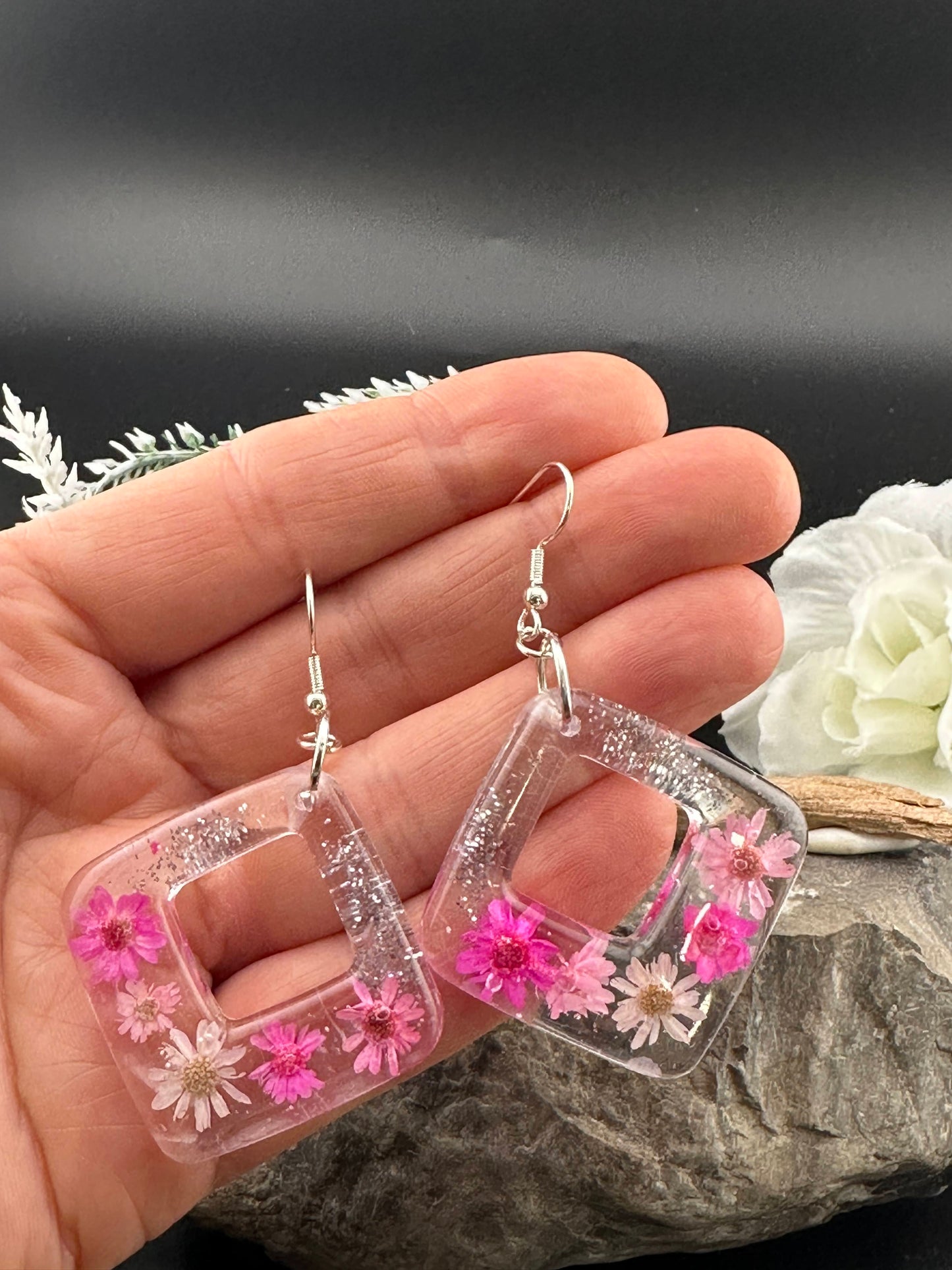 Pink Flower Resin Square Dangle Earrings