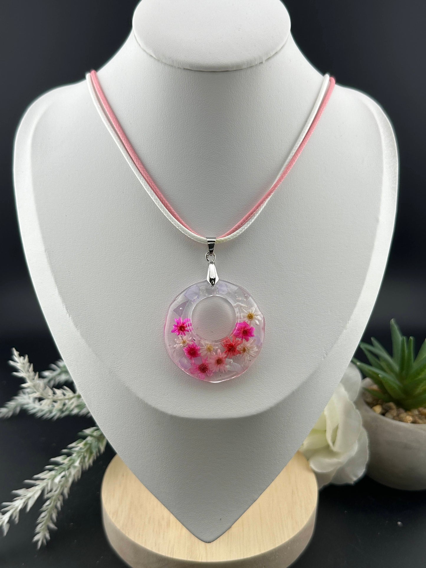 Pink Flower Round Resin Necklace